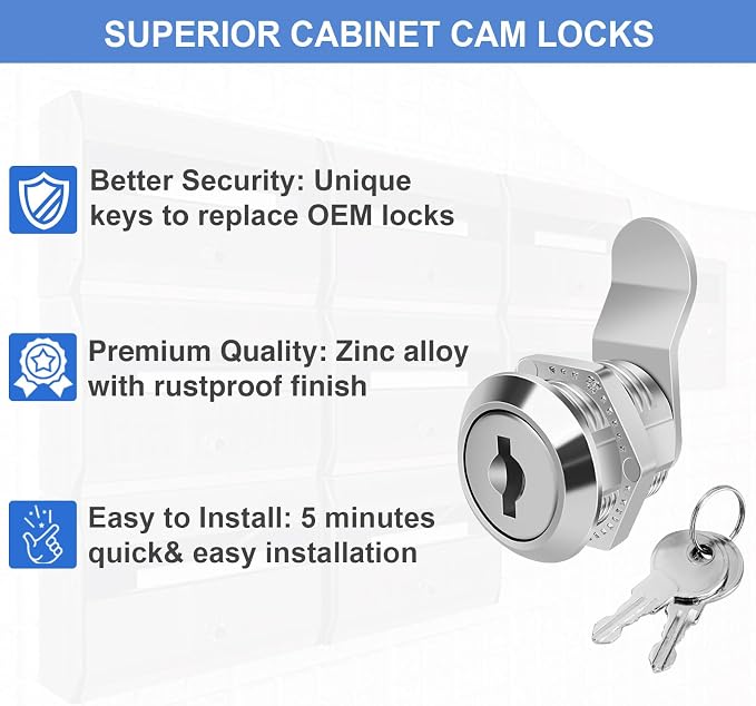 Cylinnda Cabinet Locks (3 Pack, Zinc Alloy), Keyed Alike Cam Lock for Tool Box, RV Storage, Mailbox, 5/8"