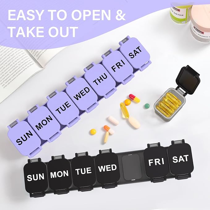 2-Pack Extra Large Weekly Pill Organizer with 7 Detachable Compartments | XL Pill Organizer, Portable Medicine Pill Organizer for Supplements, Daily Pill Case for Home and Travel