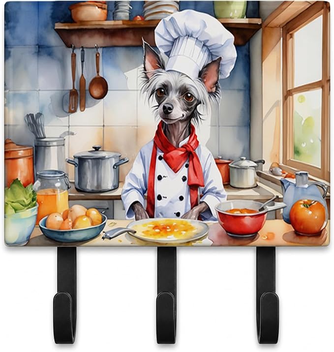 Caroline's Treasures Chinese Crested The Chef Leash or Key Holder Wall Hooks, Key Hooks Holder, Coat Rack Wall Mount, Coat Hooks, Hooks for Hanging Keys, Towels, Aprons, Leashes | Chinese Crested The Chef artwork on ceramic tile with three steel hooks ...