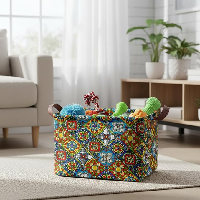Mexican Talavera Decor Storage Basket Waterproof Canvas Toy Storage Bin Mexican Decor For Home Collapsible Outdoor Basket with Leather Handles Mexican Gifts Blanket Baskets For Closets,Bedrooms