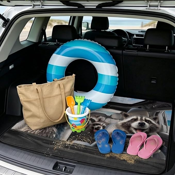 Funny Driving Raccoon Cargo Liners for Cars Funny Animal Trunk Mat Dustproof Rear Trunk Liner Vehicle Interior Accessories, Non Slip, Easy to Install