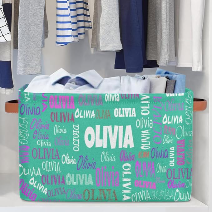 Personalized Name Storage Bins Basket Boxes, Light Sea Green Color | Organizing Boys Girls Pets Toys Closet Shelf Clothes Books