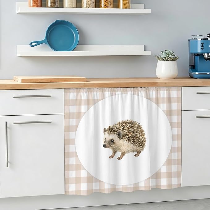 Hedgehog Oven Skirt Curtain for Kitchen Decor 28"x35", Modern Farmhouse Linen Checked Animal Self Adhesive Stove Curtains Skirt Cabinet Curtains for Bathroom Laundry Room