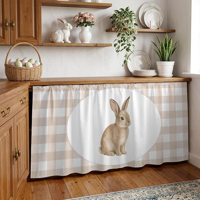 Rabbit Plaid Cabinet Curtains 28"x51" Sink Skirt for Bathroom Kitchen, Modern Farmhouse Checkered Rustic Animal Self Stick Adhesive Under Desk Covers Tall Laundry Cabinet Storage Organizer