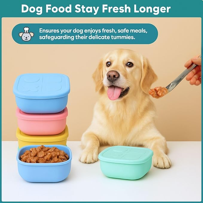 2ME Airtight Pet Wet Food Storage Containers with Lids (4-Pack, 12oz) - Silicone Meal Prep Kit for Dog & Cat Food - Freezer, Microwave & Dishwasher Safe - with Stainless Steel Scoop