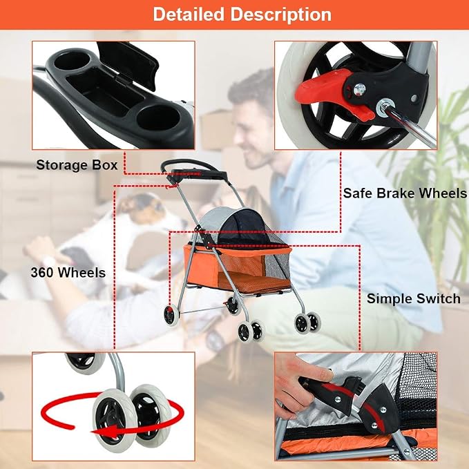 HGS Pet Cat Dog Stroller 4 Wheels Jogger Puppy Travel Carrier Portable Doggie Cage Strolling Cart with Cup Holders, 35Lbs Capacity Folding Waterproof Strolling Cart for Medium Dogs Cats Pet, Orange