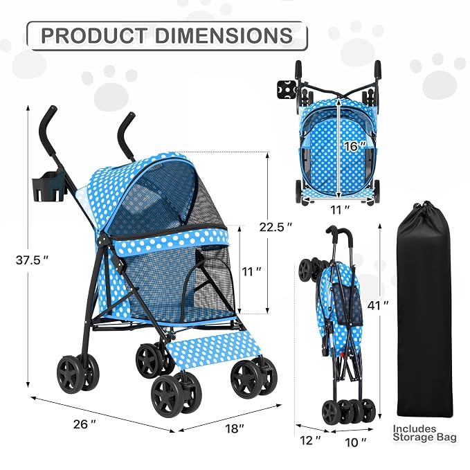 MoNiBloom Pet Stroller for Small/Medium Dogs and Cats, Sky Blue Polka Dots | Foladble 4 Wheels Easy-Fold Puppy Cage Jogger Stroller with Sun Cover, Pad and Rear Storage Bag, Breathable and Visible Mesh