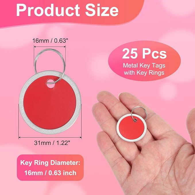 PATIKIL 1.2 Inch Metal Rim Key Tags 25 Pack Blank Round Paper Tags Bulk Writable Keychain Identifiers with Split Rings for Car Door Drawer Key Luggage Pet, Red