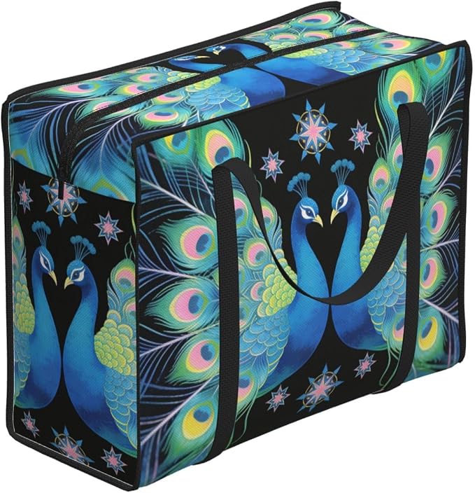 48.7L Large Storage Totes Peacocks With Mandala Romantic, Reinforced Handles Moving Totes with Strong Zippers for College Dorm Room