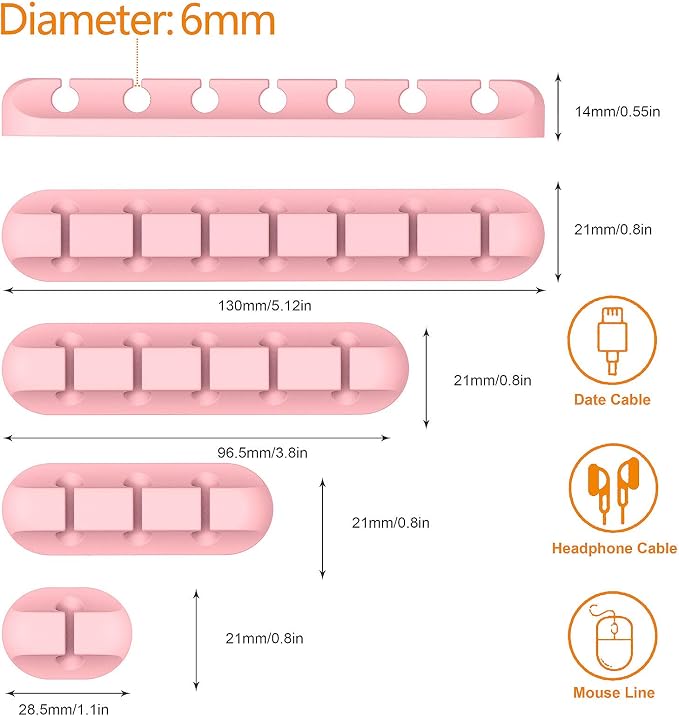 TviewSmart Cord Organizer for Desk, 5 Pack Cord Holders, Cable Clips, Pink | Silicone cable management clips self adhesive for nightstand and charger, 7-5-3-1-1 slots hold USB and phone cords up to 6 mm