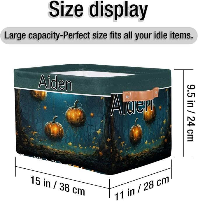 Custom Storage Baskets for Kids with Name, Happy Halloween Pumpkins Night Forest Large Foldable Organizer Collapsible Storage Bin with Leather Handle for Home Toys Closet Nursery