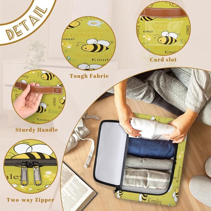 Custom Storage Baskets with Zipper Lid, Personalized Cartoon Bee with Daisy Floral Lemon Yellow Storage Bins Boxes PU Handles for Clothes Bedroom Closet Organizing Toys Books Shelves