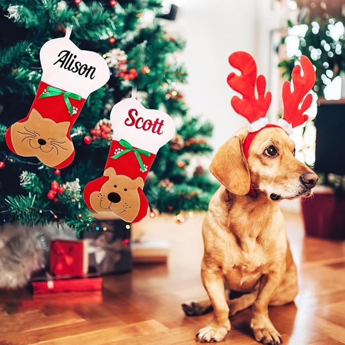 Personalized Christmas Stockings for Dogs Cats, Custom Pet Christmas Stockings with Embroidered Name, Red Bone Pet Xmas Stockings for Holiday Decoration (2 Pcs)