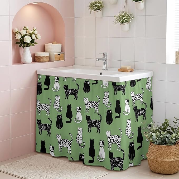 Cat Animal Sink Skirt 11"Wx13"L,Dustproof Under Sink Curtain with Self Adhesive Tape,Sage Green Earthy Tone Vintage Pet Modern Cabinet Curtain Cover for Bathroom Vanity,Kitchen Cabinet Storage Shelf