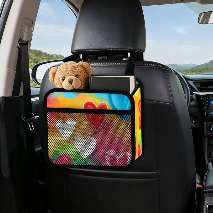 Car Seat Back Organizer Auto Storage Bin Backseat Hanging Pouch, Colorful | Love Hearts, Multipurpose Vehicle Storage Pocket with Mesh Pockets PU Leather Backseat Accessories