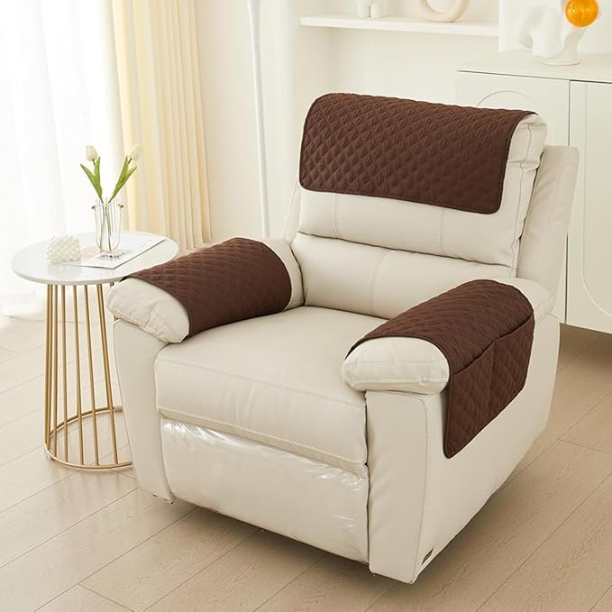 Recliner Arm Covers with Pockets & Headrest Protector- Non-Slip Quilted Stretch Armrest Covers, Washable Sofa Armchair Organizer for Couch, Pet Scratch Resistant(Coffee)