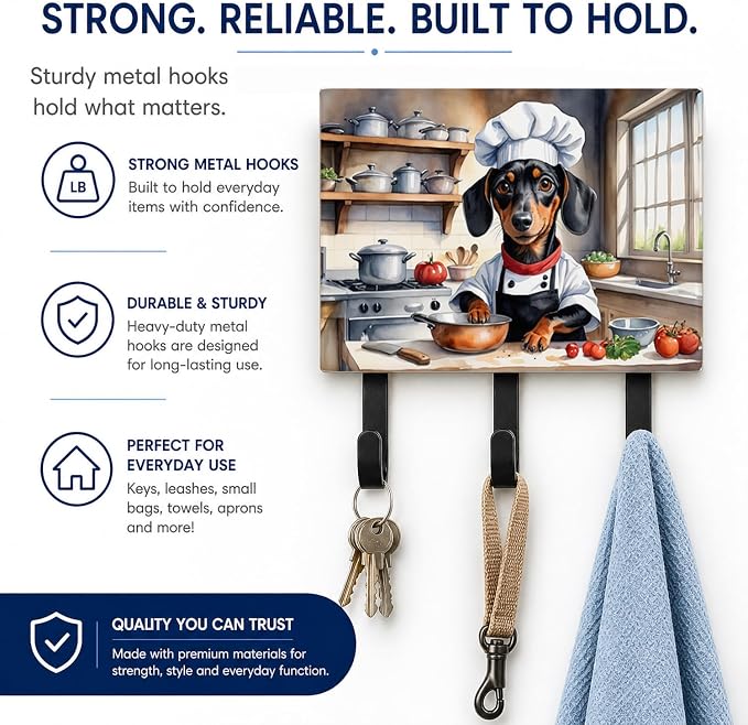 Caroline's Treasures Dachshund The Chef Leash or Key Holder Wall Hooks, Key Hooks Holder, Coat Rack Wall Mount, Coat Hooks, Hooks for Hanging Keys, Towels, Aprons, Leashes | Dachshund The Chef artwork on ceramic tile with three steel hooks for keys, le...