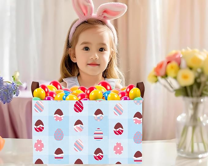 Large Rectangular Easter Baskets Empty Waterproof Boy Toy Box Foldable Kid's Gifts Storage Bin Spring Room Decor(Blue Checkered Egg)