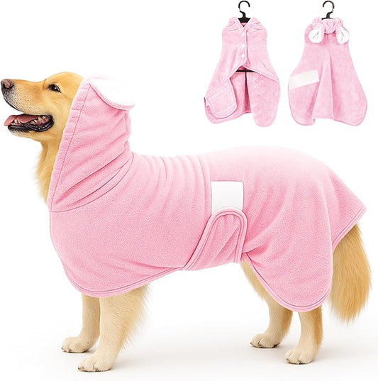 Pet Bathrobe Towel Dog Cat Drying Coat Super Absorbent Cute Dogs Bath Towel Hooded Robe Adjustable Collar & Belly Strap for XSmall to XLarge Pets (Pink, X-Large)