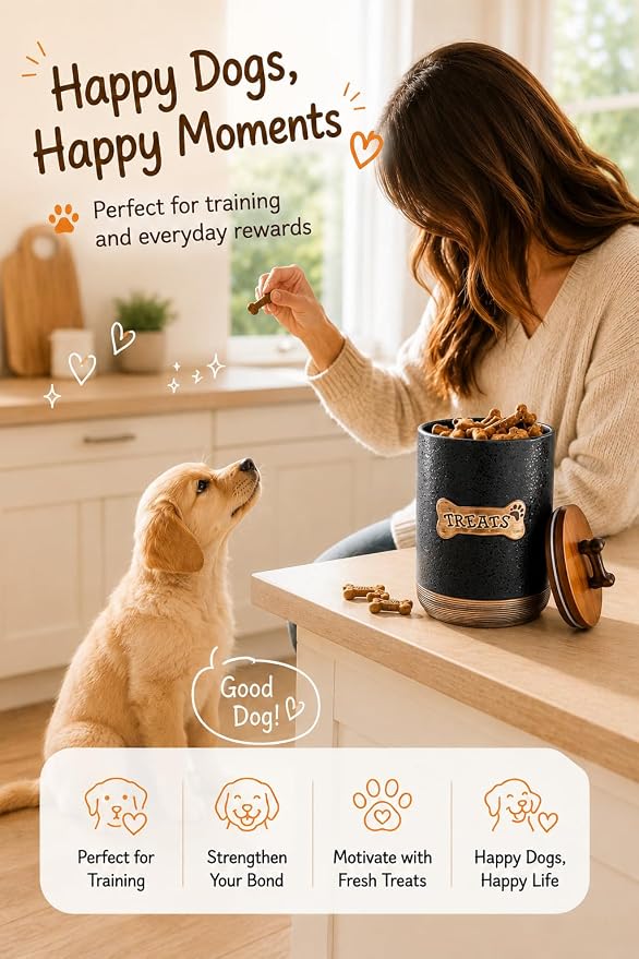 Miamolo Dog Treat Container Jar with Airtight Lid, Keep the Pet Treat Fresh | Ceramic, Cast-iron Handle | Dog Food Storage Canister for Cookie Snack, Kitchen Counter, Dog Lovers Gift, Bone Glinting Black