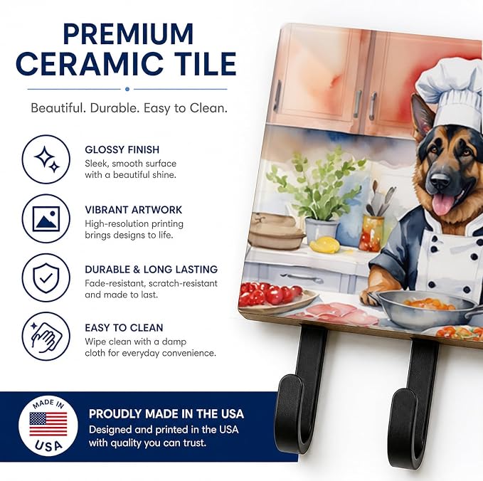 Caroline's Treasures German Shepherd The Chef Leash or Key Holder Wall Hooks, Key Hooks Holder, Coat Rack Wall Mount, Coat Hooks, Hooks for Hanging Keys, Towels, Aprons, Leashes | German Shepherd The Chef artwork on ceramic tile with three steel hooks ...