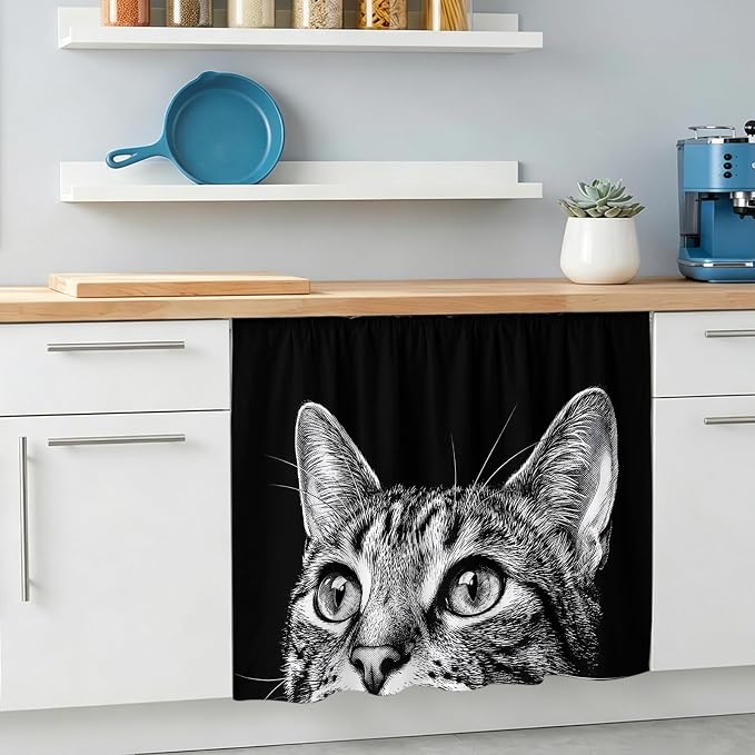 Cute Cat Small Sink Skirt 10"Wx11"L, Dustproof Under Sink Curtain with Self Adhesive Tape, Vintage Funny Pet Cat Portrait Black Cabinet Curtain Cover for Bathroom Vanity, Kitchen Storage Shelf, RV