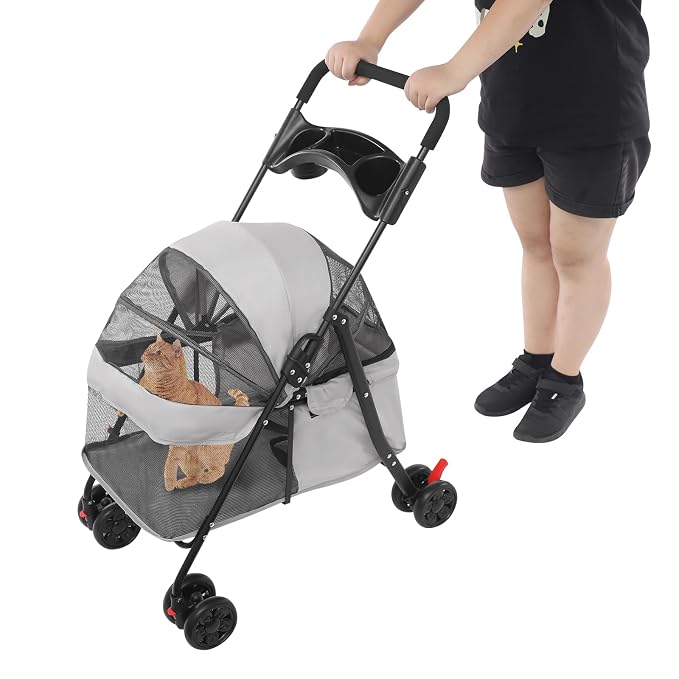 Pet Stroller for Small Medium Dogs Up to 40lbs, 4 Wheels Folding Pet Carriage Cart for Dogs Cats, Portable Cat Puppy Jogging Stroller with Rear Pocket and Cup Holder (Upgraded, Light Gray)