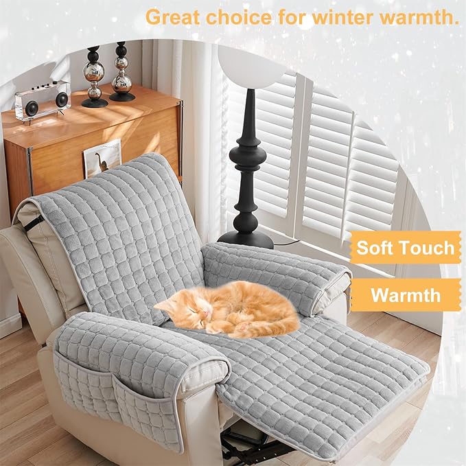 Polyester Flannel Recliner Cover, Non-Slip with 2 Side Pockets | Soft short-pile polyester with silicone backing guards armrests from pet scratches; thick one-piece cover, machine washable.