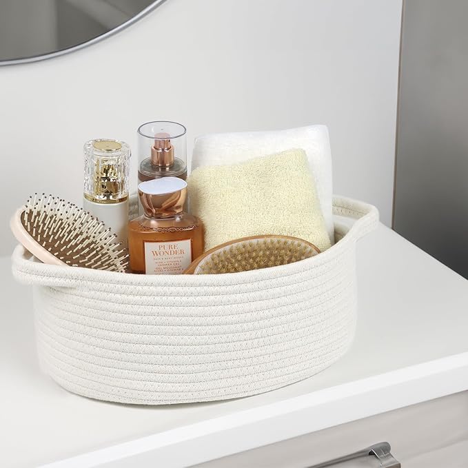 Small Woven Cotton Rope Basket with Handles, White, 12 Inch | Empty Gift Basket, Bathroom and Closet Organizer, Nursery Toy Storage, Decorative Boho Basket, Shelf Storage Bin