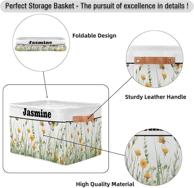 Personalized Foldable Spring Floral Storage Basket with Name for Boys, Laundry Hamper Dirty Clothes Pet Toys Storage Bin with Handles for Shelf Home Closet, Spring Wild Floral Butterfly Watercolor