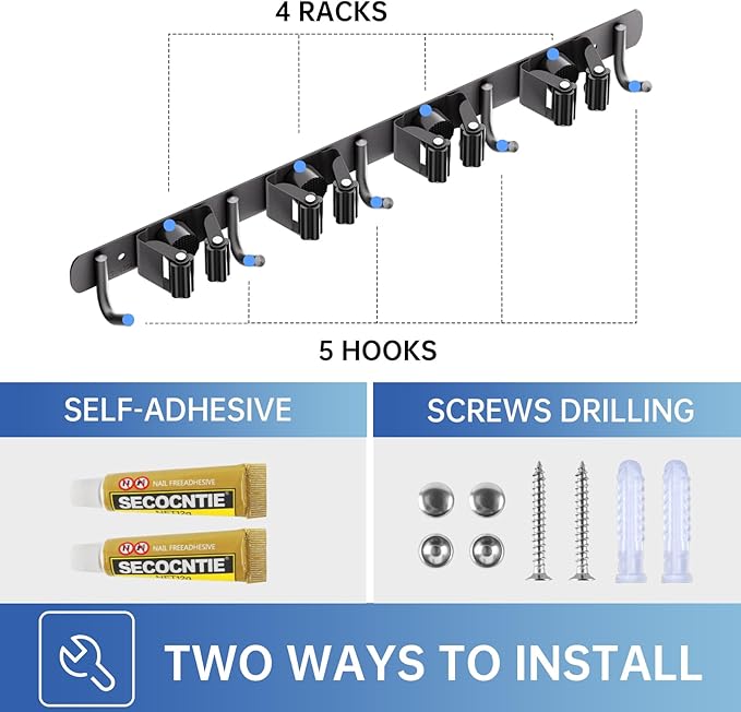 ZONGOOL Wall Mount Broom Holder 4 Racks 5 Hooks Metal Tool Organizer Black | 304 Rustproof Stainless Steel Broom Hanger, Non-Slip Wall Mount Organizer, Space Saving For Kitchen, Laundry, Garden