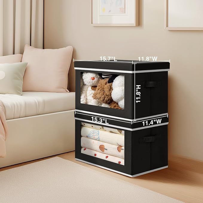 Large Storage Baskets with Lids - Stackable Cube Bins for Closet, 6 Pack Black Windows Organizer Bins, Home Organizers and Storage for Clothes, CD, Towels
