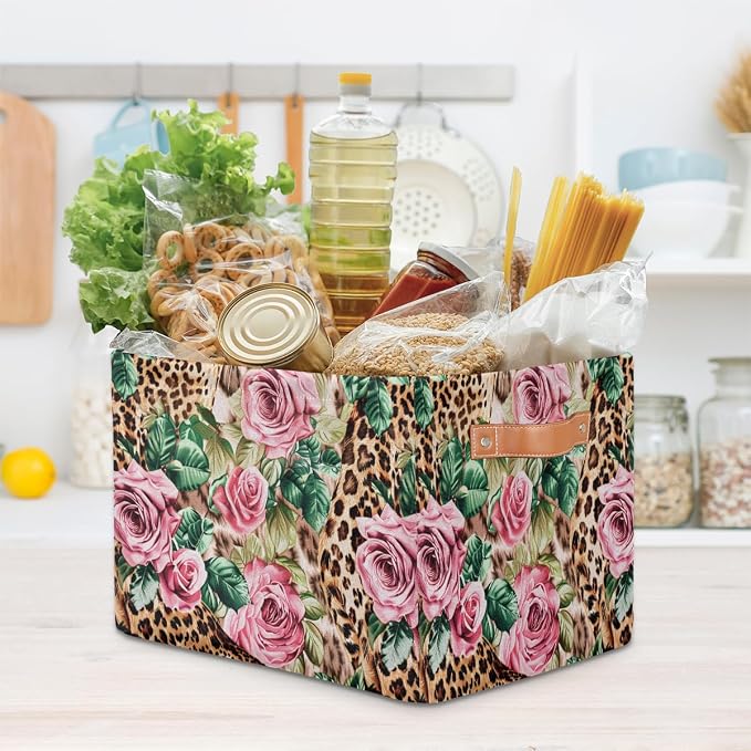 Leopard Print Floral Flower Storage Basket Storage Cube Basket Bins | Collapsible Cloth with Handles Rectangular Toys Nursery Bedroom Home Office