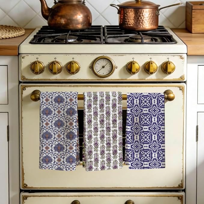 3 Pcs Retro Flower Kitchen Towels, Colorful Flower Soft Absorbent Hand Tea Towel, Microfiber Dish Cloths for Drying Dishes, Waffle Dish Towels for Kitchen Farmhouse Decor, Floral Gifts for Women Mom06