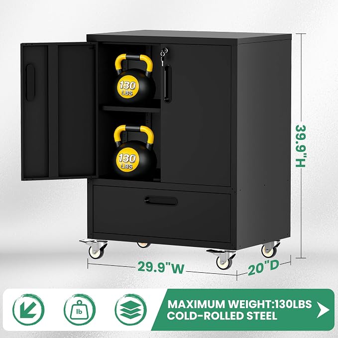 Garage Cabinets,Metal Garage Storage Cabinet with Wheels,Black Lockable Rolling Tool Cabinet with Drawer and Adjustable Shelves,Heavy Duty Tools Cabinet for Home Office Utility Room