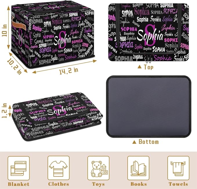 Custom Storage Baskets Named with Zipper Lid, Personalized Storage Bins Basket Boxes PU Handles for Clothes Bedroom Closet Organizing Toys Books Shelves, Black Background