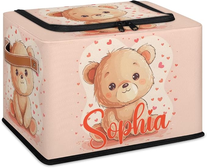 Custom Cute Bear Storage-Bin With Zipper Lid for Kids-Girls-Boys-Baby-Pet,Personalized Name Foldable Storage Box with Handle,Baby Basket With Label for Bedroom Nursery Toy Clothes,Pink