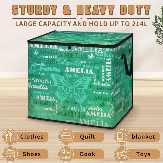 Custom Name Large Storage Bin with Lid, Personalized Storage Basket with Zippers for Organizing Comforters, Blankets, Bedding Closet Shelf Baskets, Watercolor Green Butterflies