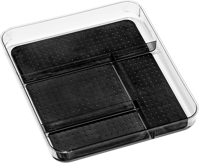 madesmart Clear 4 Compartment Drawer Organizer, Carbon | non slip feet, rounded corners, see through design, soft grip base, open sections, cords tech accessories, woman owned