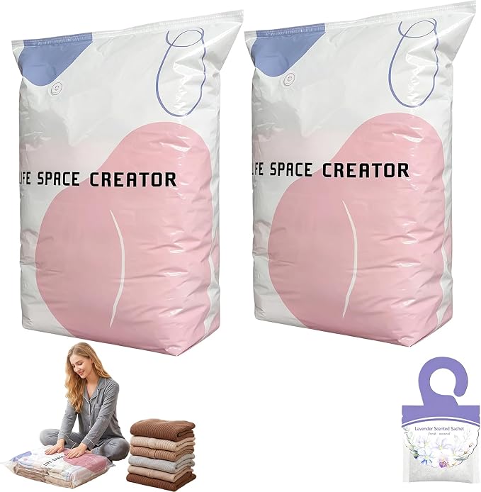 Large Capacity Vacuum Bags No Pump Needed, No Pump Large Vacuum Storage Compression Bags, Reusable No-Pump 3D Vacuum Storage Bags for Jumbo Clothes Bedding, Comforters, Off‑Season Gear (L-2PC)