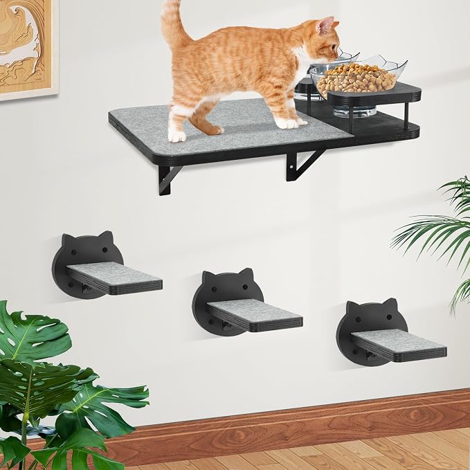Cat Wall Shelves Furniture Set with 2 Food Bowls, Wooden Cat Climbing Wall Systems with Scratching Pad and 3 Steps, Floating Shelves Bed Perches Wall Mounted for Indoor Fit Up to 15Lbs (Black)