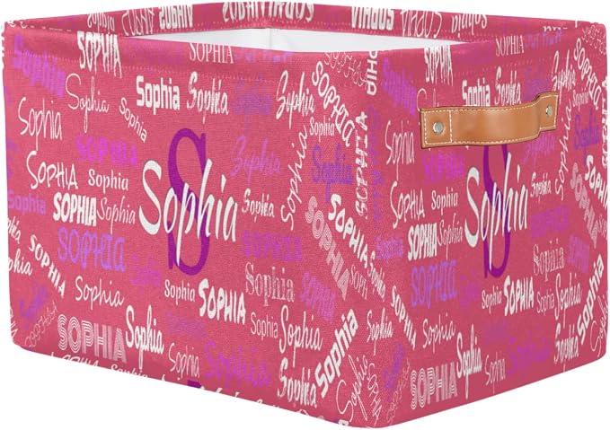 Custom Storage Baskets for Kids with Name, Large Foldable Organizer Collapsible Storage Bin with Leather Handle for Home Toys Closet Nursery, Light Violet Red Color