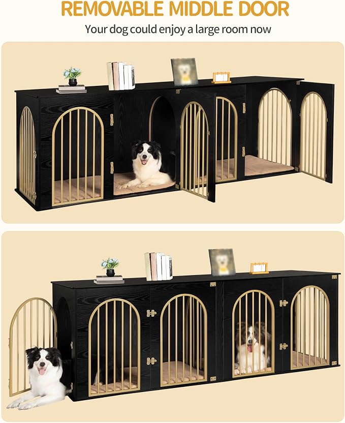 Hzuaneri 86.6" Double Dog Crate Furniture, Dog Kennel Indoor with Cushion | Heavy Duty Dog Crate Furniture for 2 Dogs,Dog Cage End Table TV Stand with Divider for Med-Large Dogs,Black Gold DFC84004AV1