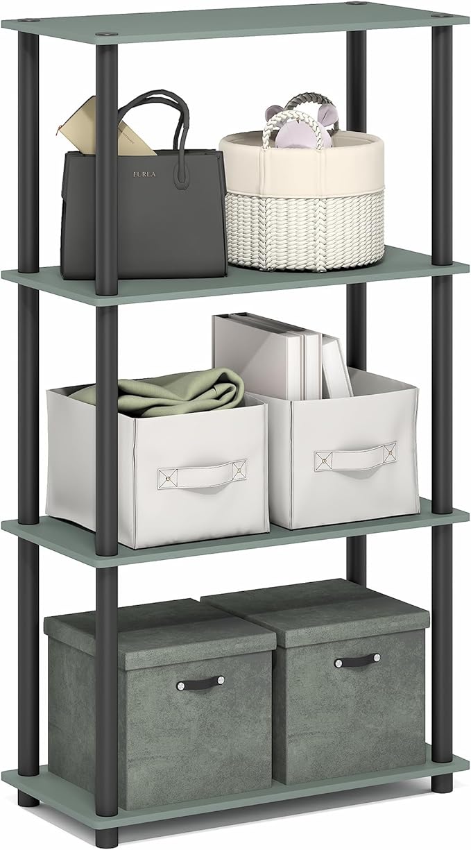 Furinno Turn-N-Tube Storage Shelves, 4-Tier Toolless Book Shelf, Corner Shelf, Open Shelves, for Organization and Storage, Living Room, Garage, Home Office, Sage Green