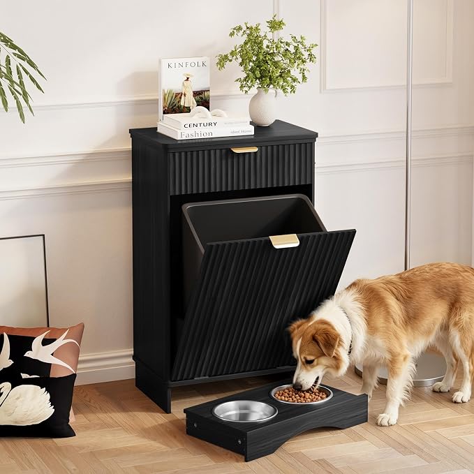Dog Food Storage Cabinet, Pet Feeding Station with 2 Hidden Bowls, Black