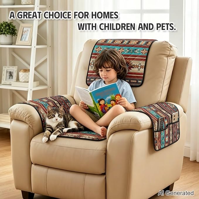 Aztec Quilted Recliner Chair Covers with Arms 4-Piece | Lazy Boy Recliner Chair Covers with Pockets Machine Washable Furniture Protector for Armchairs Wingback Chairs Pet Friendly