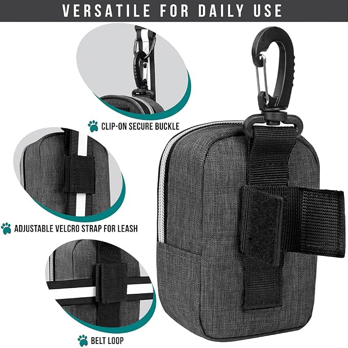 PetAmi Dog Poop Bag Holder for Leash Waste Bag Dispenser Pet Pouch Charcoal | Doggy Puppy Walking Accessories Travel Camping, Dog Treat Pouch Supplies Must Have, Doggie Poo, Jogging, Walks