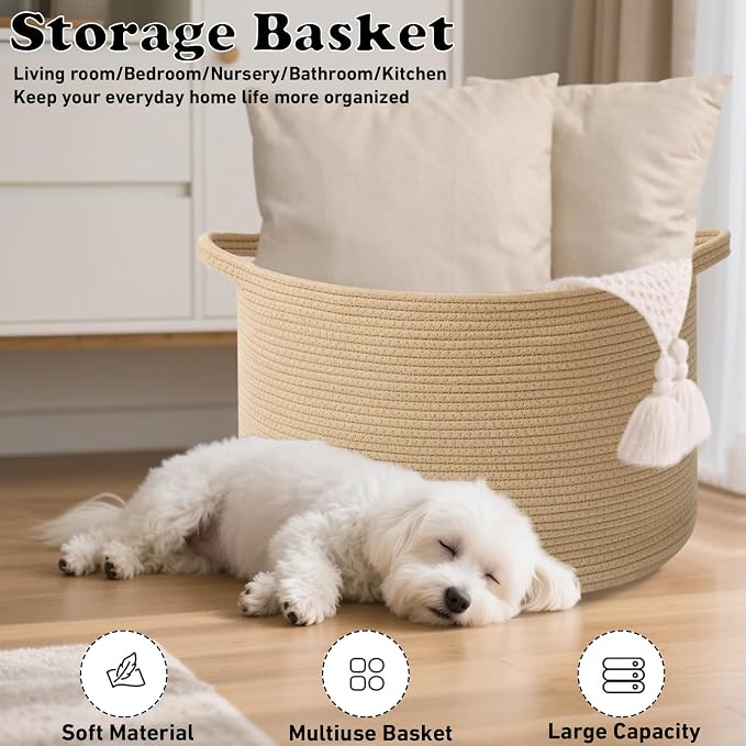 115L Extra Large Blanket Basket,Woven Rope Laundry Basket-Camel | Collapsible, reinforced handles, nursery storage bin organizes clothes, toys and pillows for living room, bedroom bathroom