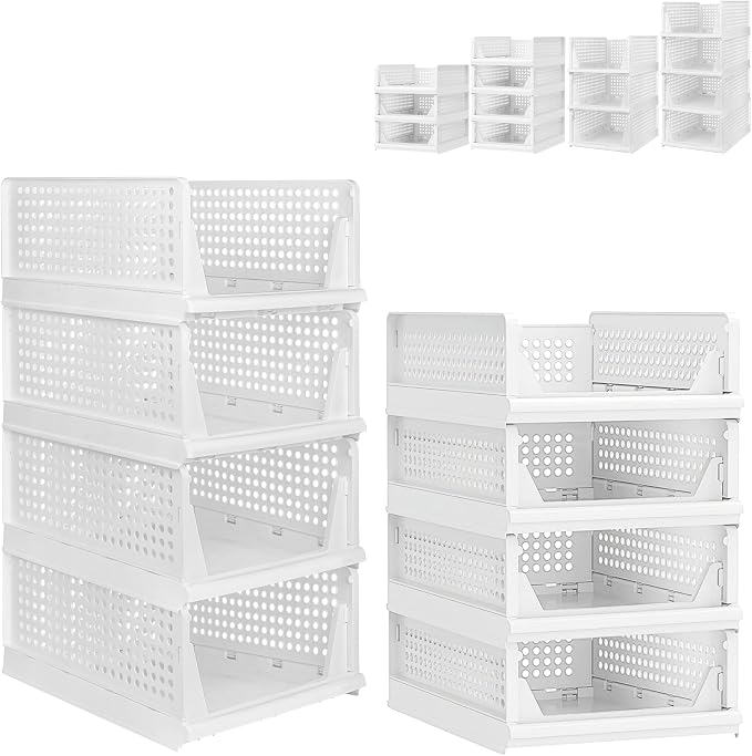 This Foldable and Stackable Clothes 4-Tier Drawer Storage Shelf for Bedroom Kitchen Living Room Bathroom (White 18cm + 14cm Height)