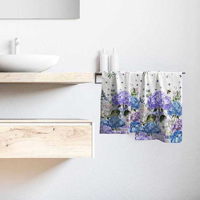 Giwawa Hydrangea Flowers Towel Set of 2 Blue Purple Watercolor Spring Summer Floral Bees Decorative Hand Towels Soft Microfiber Seasonal Face Towel Washcloth for Bathroom Guest Gym Spa Hotel